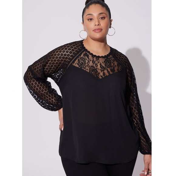 torrid Tops - Torrid Georgette Floral Lace Mix Long Sleeve Chiffon Blouse Preppy Black 1X
